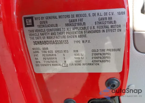 2010 Chevrolet Hhr Lt z USA, uszkodzony, nr VIN 3GNBABDV0AS536133